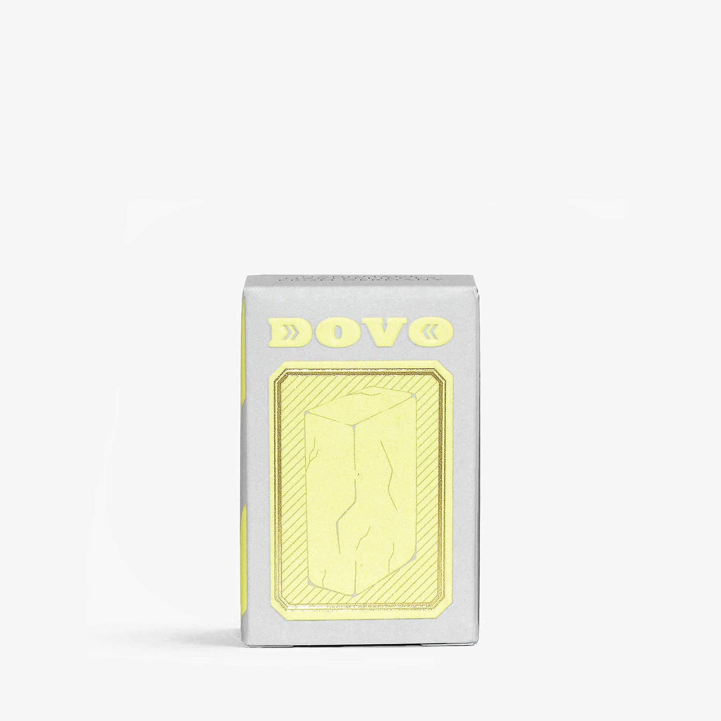 Dovo alum stone in a grey box and yellow branding