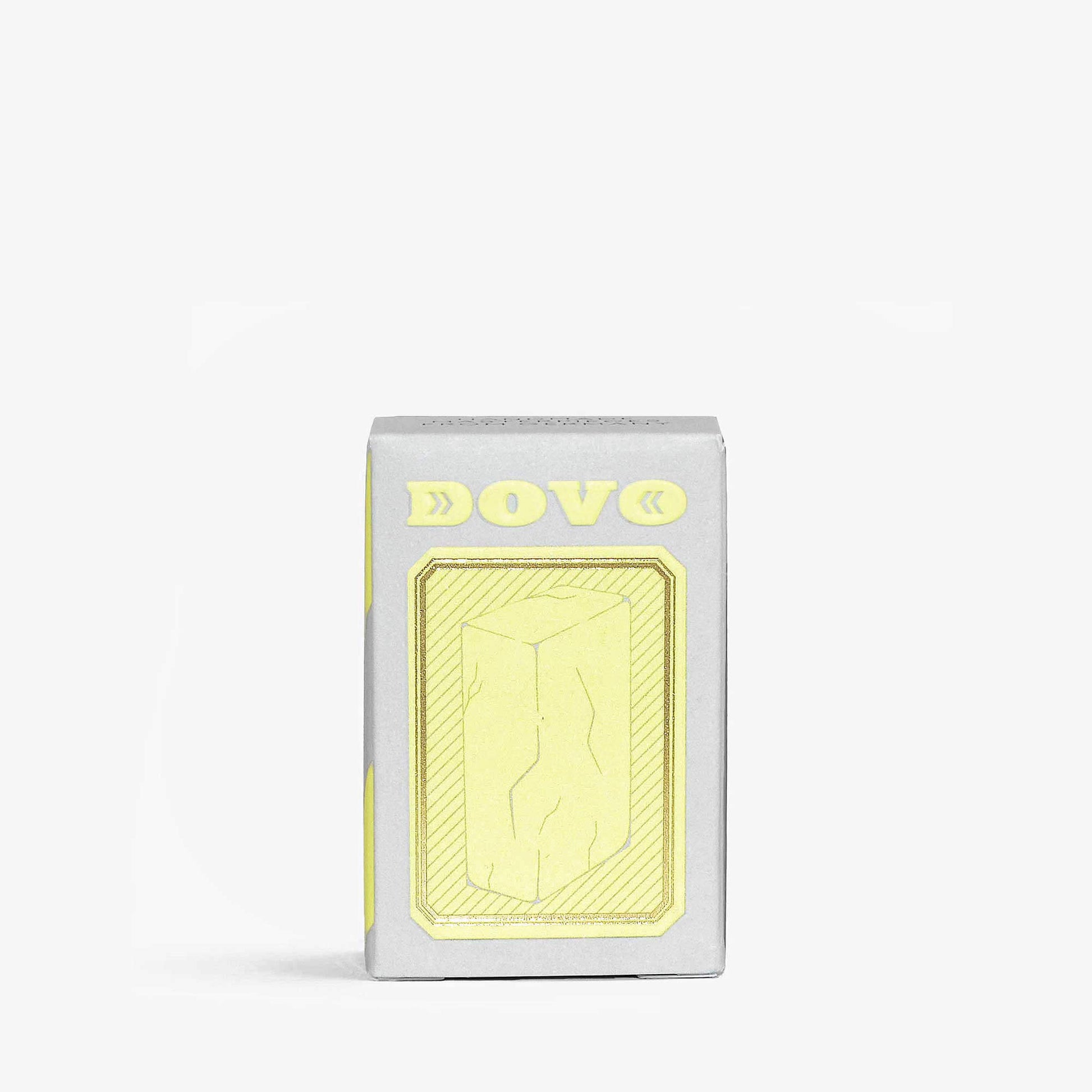 Dovo alum stone in a grey box and yellow branding