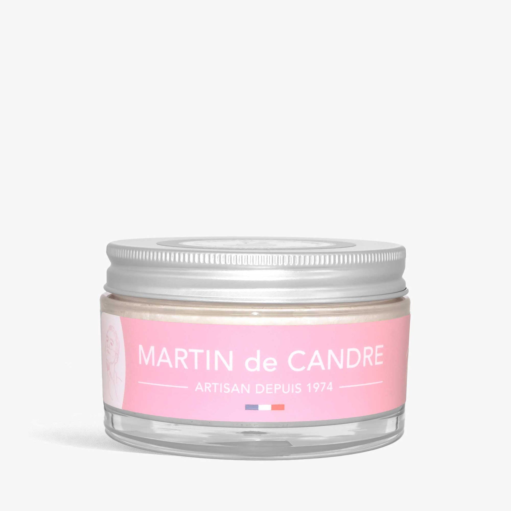 A jar of Martin de Candre Rose shaving soap on a white background