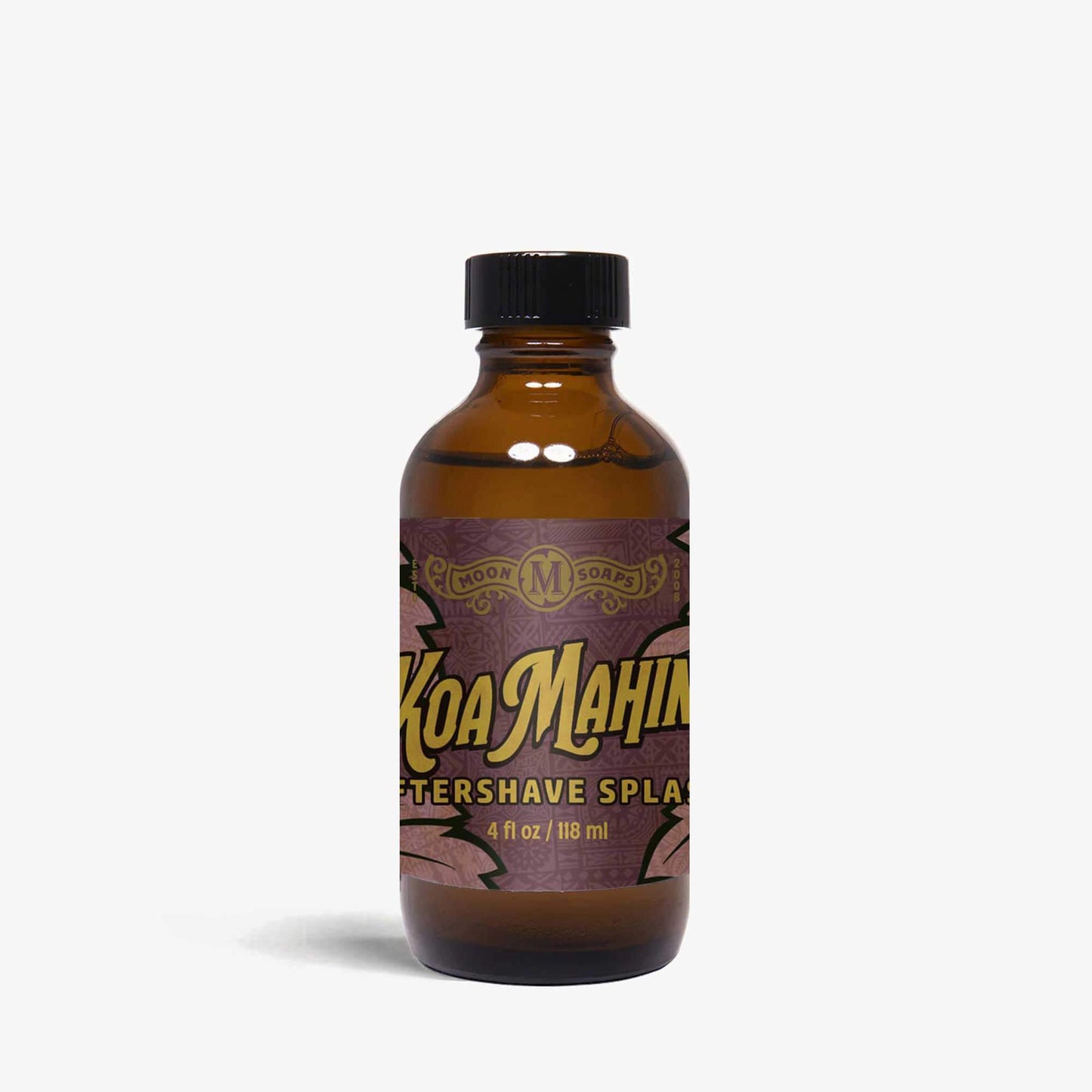 A bottle of Koa Mahin aftershave splash with a black cap on a white background