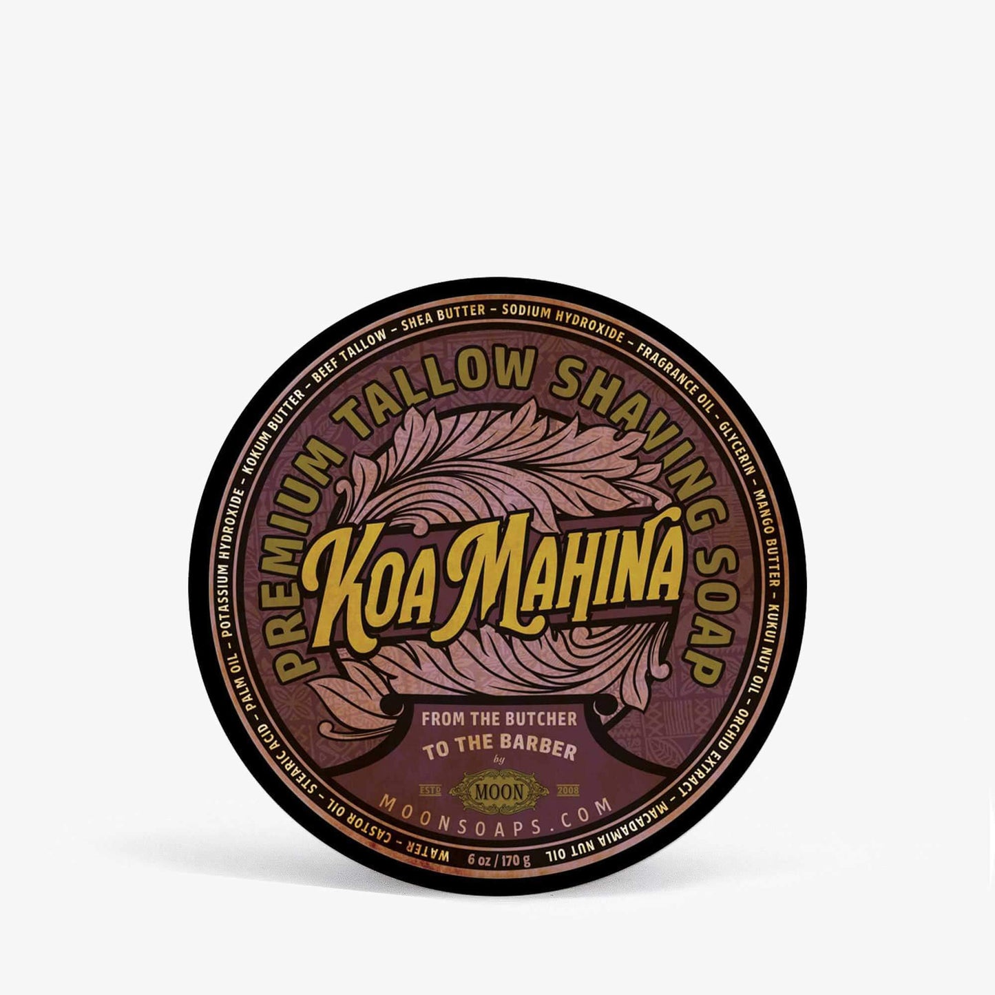 Moon Soaps Koa Mahina shaving soap with a brown and yellow label on a white background