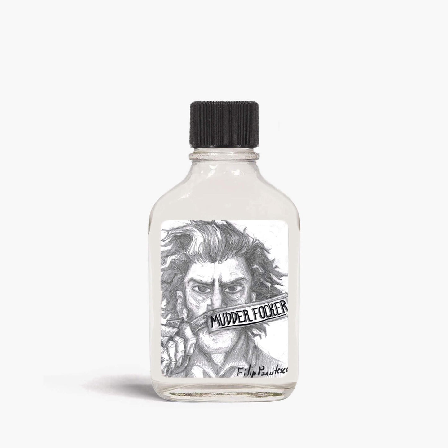 A bottle of Razorock Mudder Focker aftershave splash with a black lid on a white background