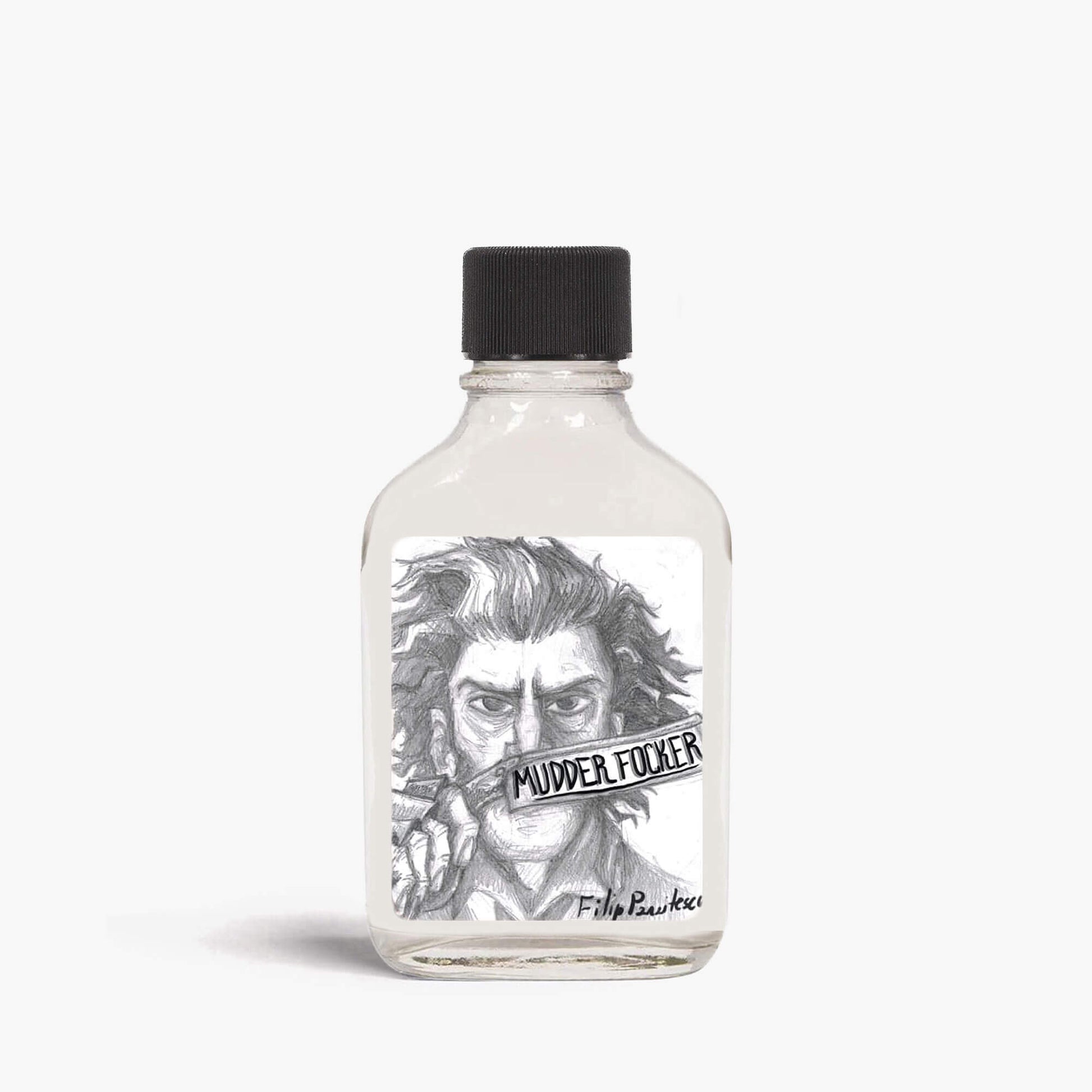 A bottle of Razorock Mudder Focker aftershave splash with a black lid on a white background